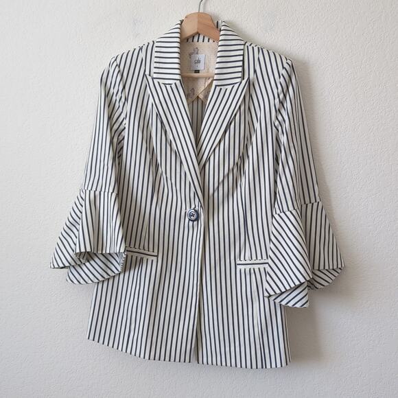 CAbi Women's White Navy Striped Bell Sleeve Blazer Jacket Size 2 Classy Elegant - Picture 4 of 14